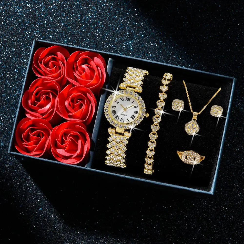 Fashion Luxury Women Gold Watch Bracelet Necklace 6Pcs Set Ladies Diamond Quartz Wristwatch Valentine's Day Mother's Day Gift - Femlinza