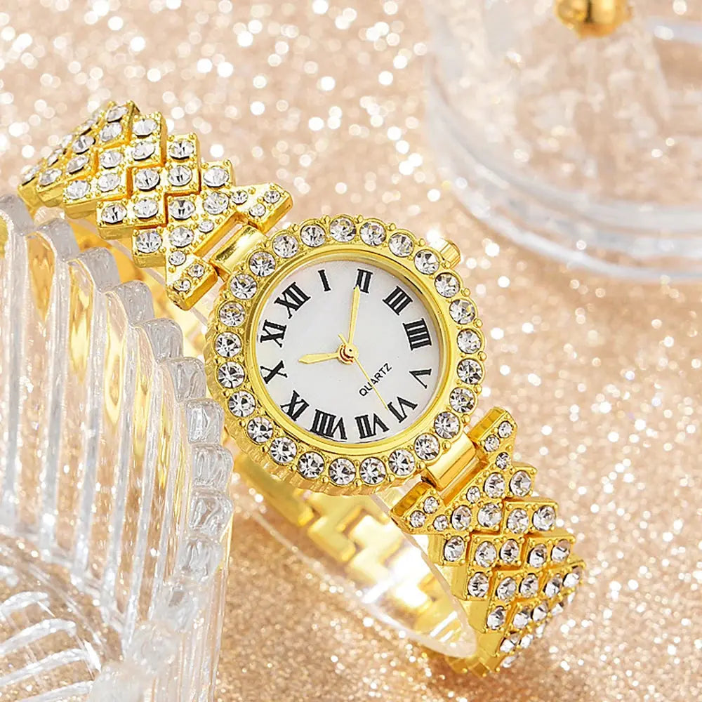 Fashion Luxury Women Gold Watch Bracelet Necklace 6Pcs Set Ladies Diamond Quartz Wristwatch Valentine's Day Mother's Day Gift - Femlinza