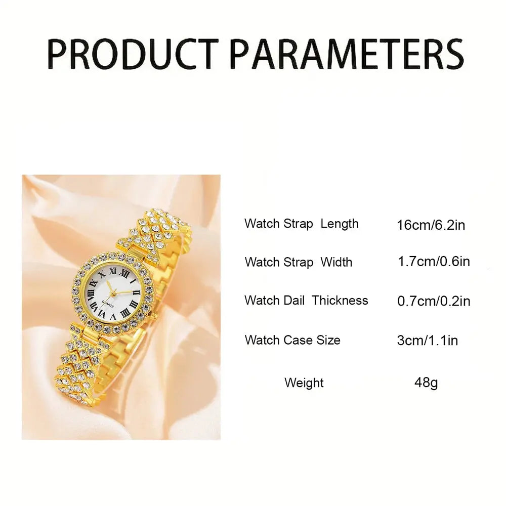 Fashion Luxury Women Gold Watch Bracelet Necklace 6Pcs Set Ladies Diamond Quartz Wristwatch Valentine's Day Mother's Day Gift - Femlinza