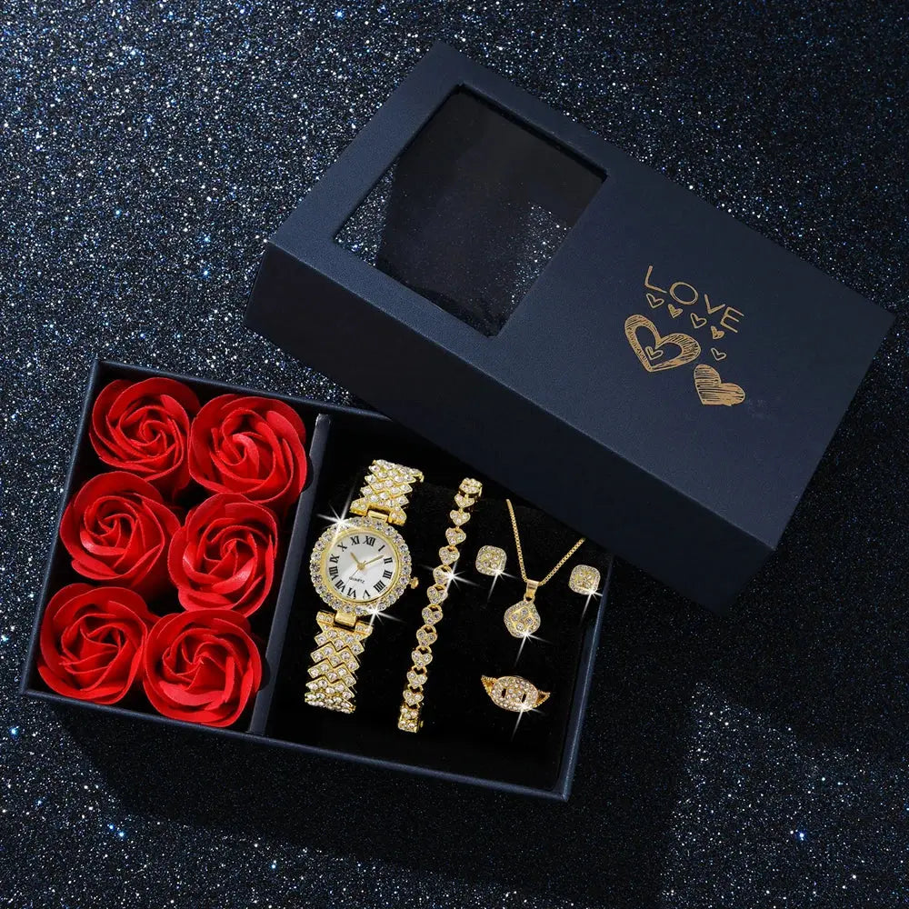Fashion Luxury Women Gold Watch Bracelet Necklace 6Pcs Set Ladies Diamond Quartz Wristwatch Valentine's Day Mother's Day Gift - Femlinza