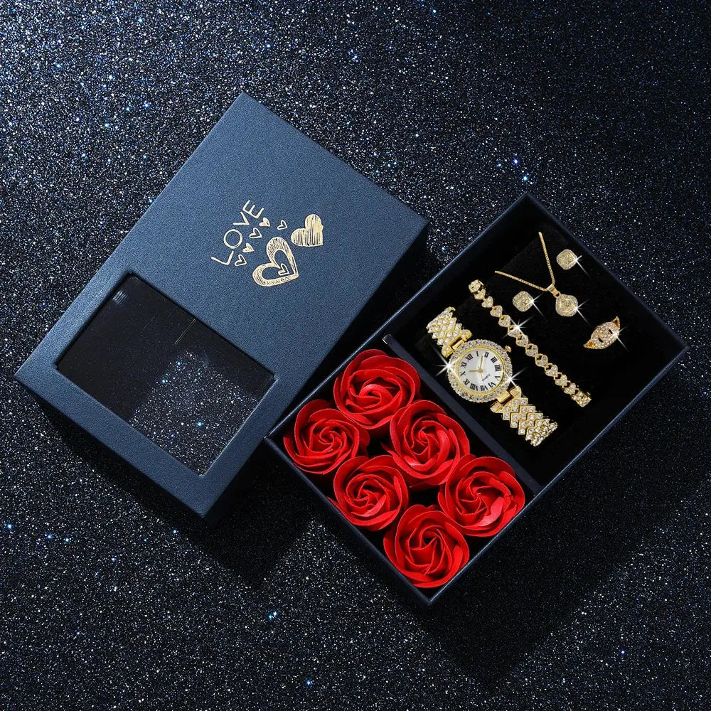 Fashion Luxury Women Gold Watch Bracelet Necklace 6Pcs Set Ladies Diamond Quartz Wristwatch Valentine's Day Mother's Day Gift - Femlinza