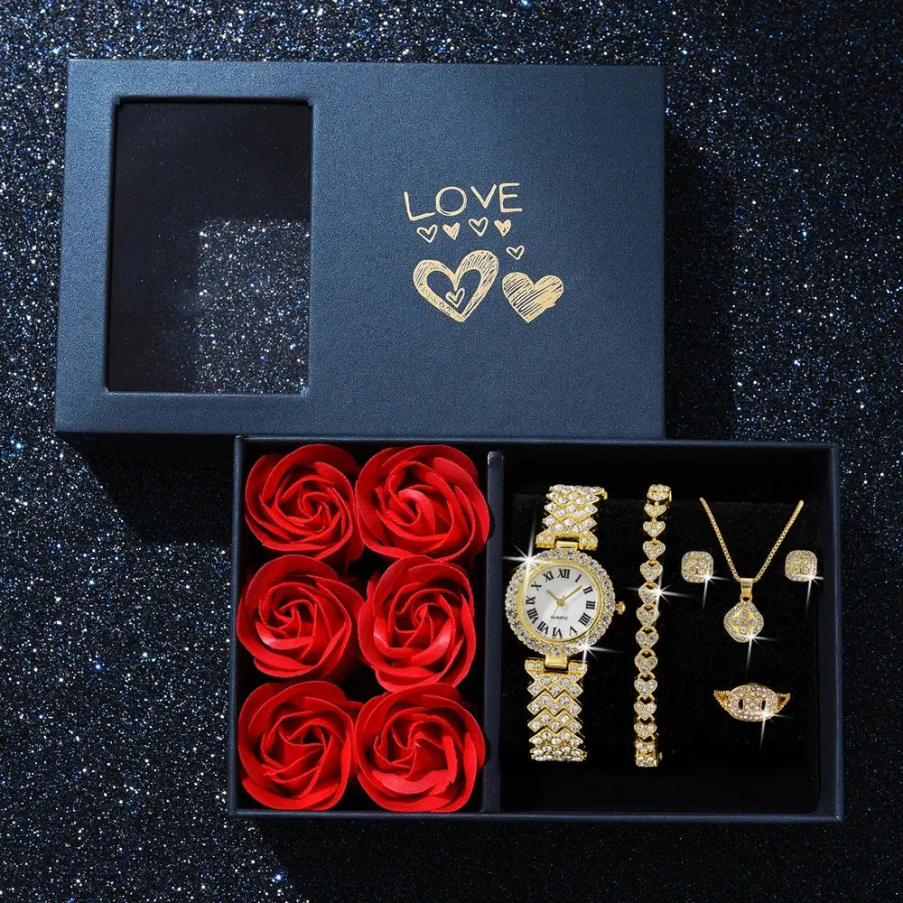Fashion Luxury Women Gold Watch Bracelet Necklace 6Pcs Set Ladies Diamond Quartz Wristwatch Valentine's Day Mother's Day Gift - Femlinza