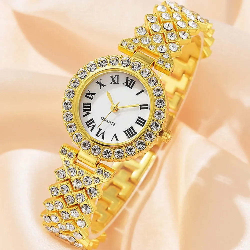 Fashion Luxury Women Gold Watch Bracelet Necklace 6Pcs Set Ladies Diamond Quartz Wristwatch Valentine's Day Mother's Day Gift - Femlinza
