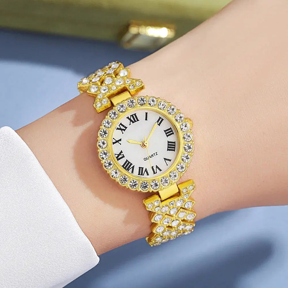 Fashion Luxury Women Gold Watch Bracelet Necklace 6Pcs Set Ladies Diamond Quartz Wristwatch Valentine's Day Mother's Day Gift - Femlinza
