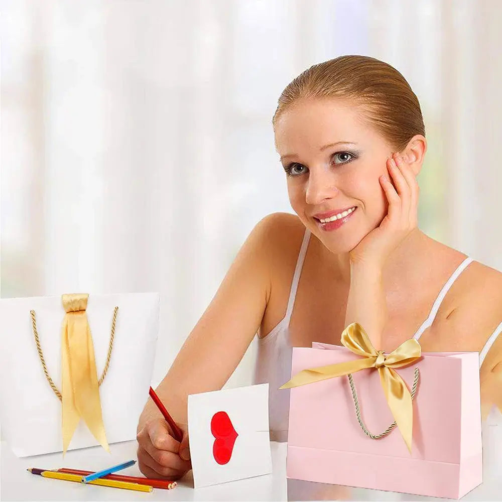 Gift Bags With Handles Paper Party Favor Handbag Bow Ribbon Jewelry Packing Birthday Wedding Graduation Celebration Present Wrap - Femlinza