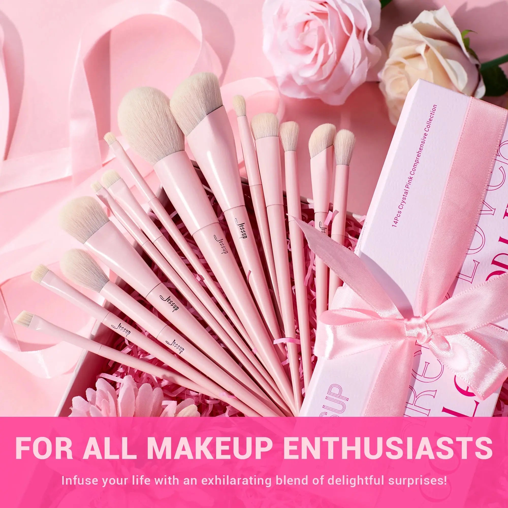 Jessup Pink Makeup Brushes Set 14pcs Make up Brushes Premium Vegan Foundation Blush Eyeshadow liner Powder Blending Brush,T495 - Femlinza
