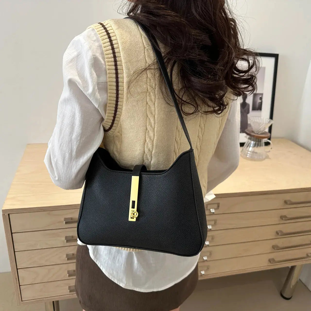 Leather Shoulder Bag with Gold Accent - Femlinza