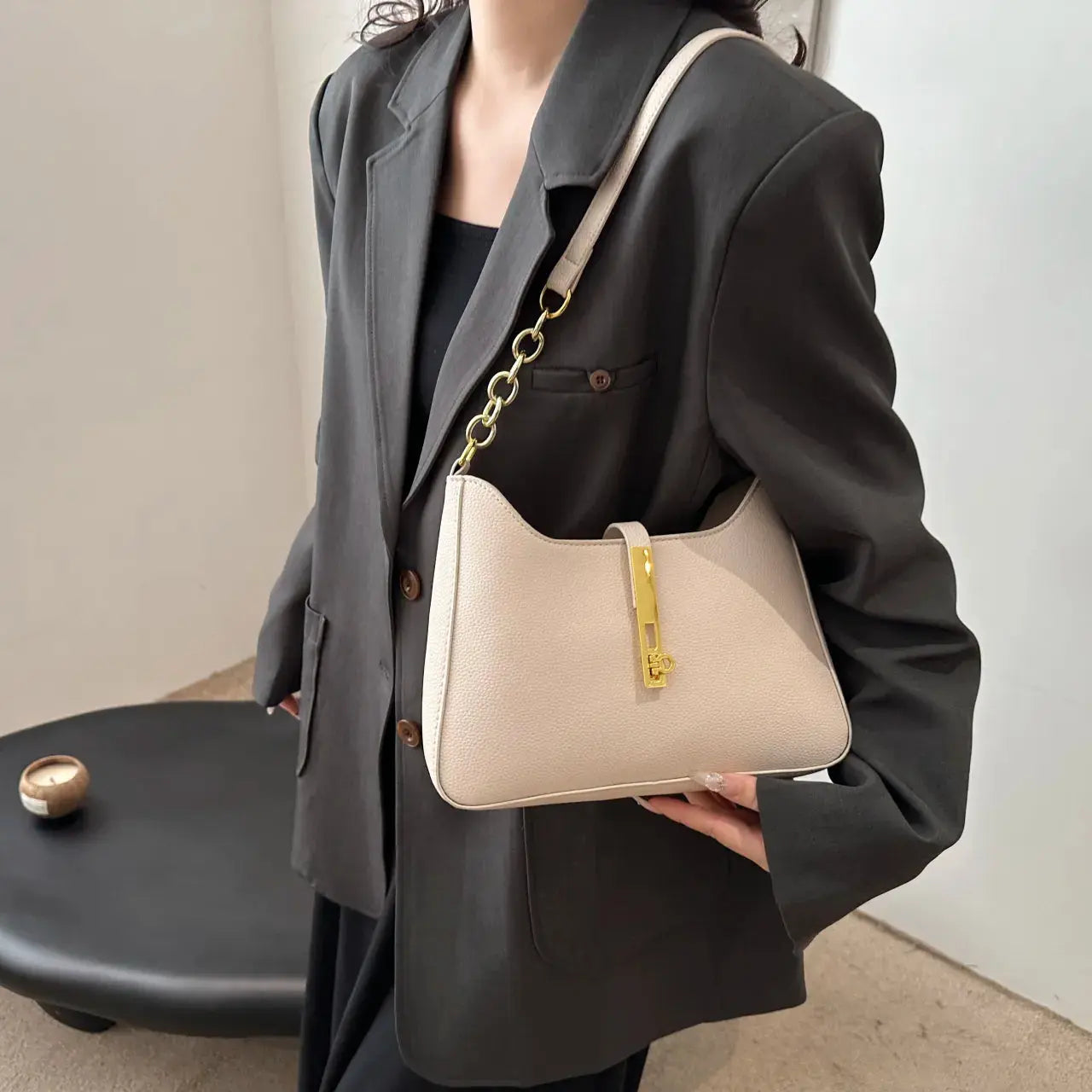 Leather Shoulder Bag with Gold Accent - Femlinza