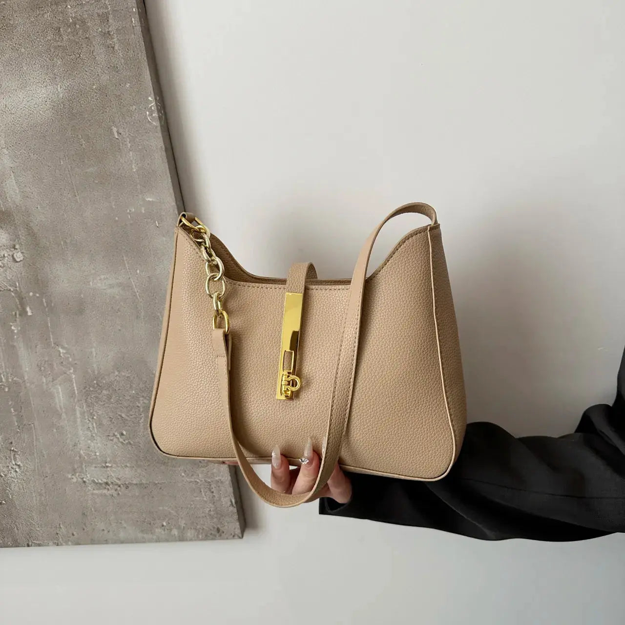 Leather Shoulder Bag with Gold Accent - Femlinza